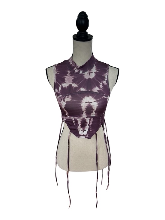 Tops - Sleeveless Purple Tie-Dye Cropped Top with Drawstring Details